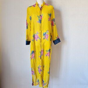 Lisa Corti Floral Semi Sheer Maxi Shirt Dress Button-Up Long Sleeve Yellow
